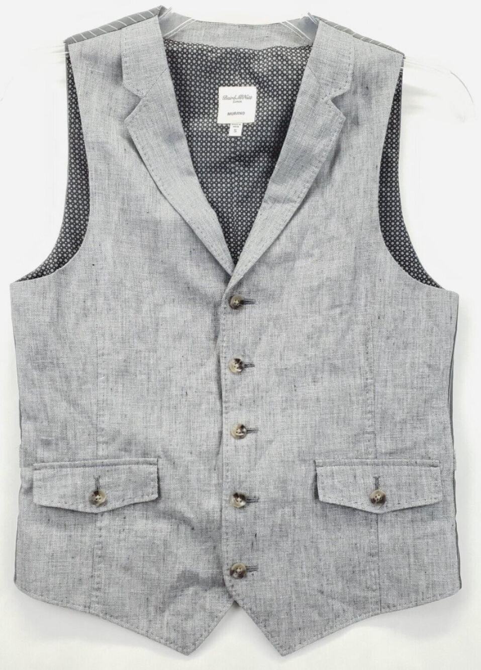 Baird McNutt Murano Vest Waistcoat Men Small Gray Linen Notch Lapel Button-Front